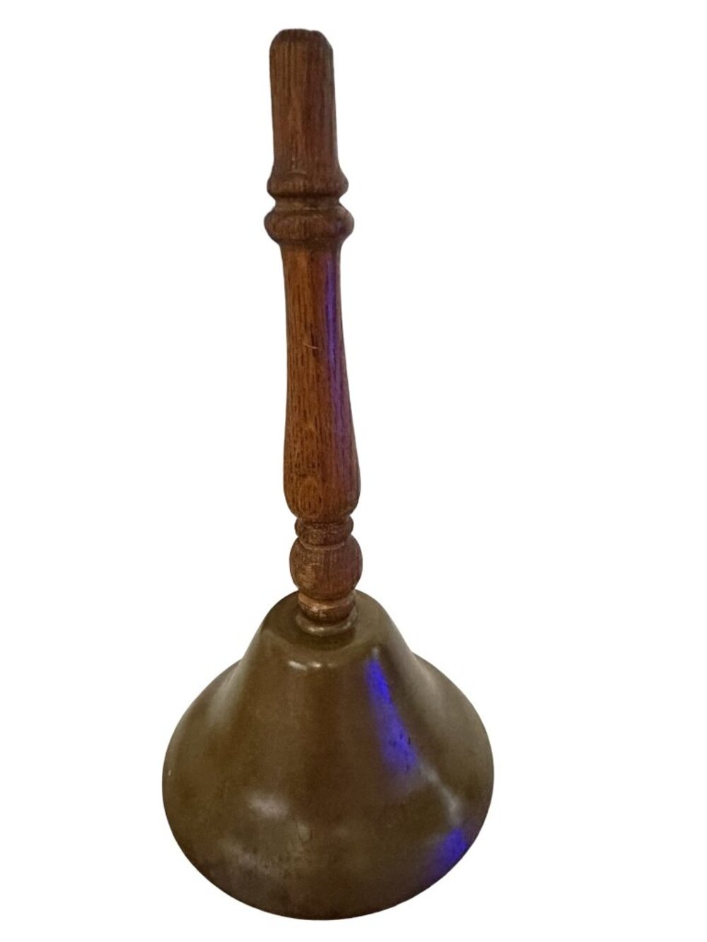 Vintage Brass Hand Bell Wooden Handle Decorative Bell Missing Clapper 11 Inch